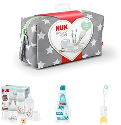 NUK Complete Welcome Starter bundle with Perfect Match Bottles Set, Bottle Cleanser, Bottle Brush and an Accessories starter kit in a bag.