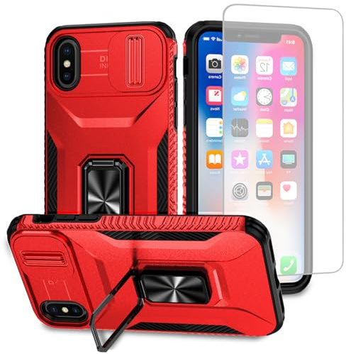 Vavies Case for iPhone Xs Max Case with Tempered Glass Screen Protector and Slide Camera Cover, Magnetic Ring Car Mount Holder Shockproof Cover for Apple iPhone Xs Max Red