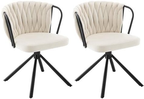 WOLTU Chaise de Salle à Manger Pivotante Lot de 2, Fauteuil Rembourré avec Dossier Tressé et Pieds en Métal, Chaise Scandinave, en Velours,Crème,EZS72cm-2