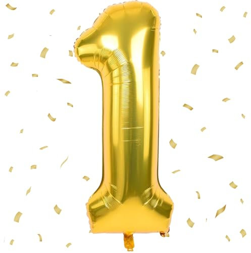 UDRKFOPK Zahlen Luftballon Golden, 40 Zoll Folienballon 1, 101cm Zahlenballon Helium Ballon für 1 Jahre Geburtstagsdeko Kinder Mädchen Junge