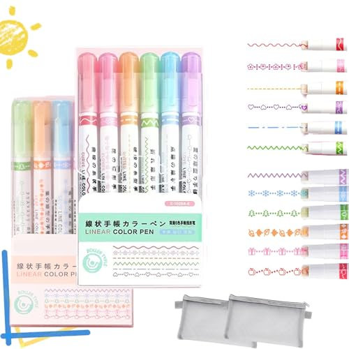 Gracegrip Magicborder Pen, Curve Highlighter Pen Set with Case, Roller Colored Highlighters Markers for Drawing Note, Border Design Highlighter for Journal Planner Scrapbook Art Supplies (A+C)
