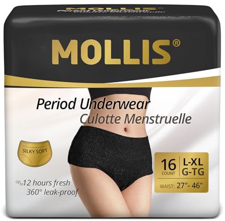 MOLLIS Bragas Menstruales Desechables para la Regla Mujer Postparto Ropa Interior Antifugas Flujo Abundante Negro Talla L/XL 16 Unidades