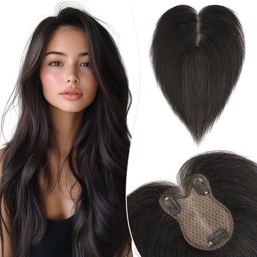 Silk-co Hair Topper Echthaar 21g, 8x11cm handgebunden Basis Toupet Damen, Clip in Haarteile mit Spitzen-Seidenbasis, kein Pony, 27cm #1B Naturschwarz