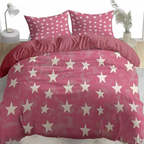 Srigzcaly Bettwäsche 240 x 220 cm Hellrot Wendebettwäsche Stern Bettbezug 3 Teilig Kuschelige Microfaser Deckenbezug mit Reißverschluss und Kissenbezug 80x80 cm