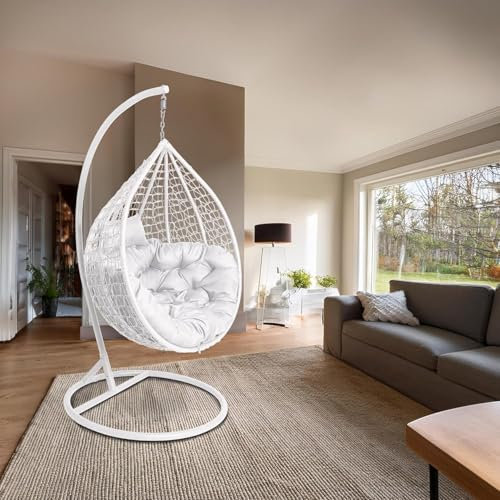 2mGoods Luxuriöser Hängesessel mit Gestell inkl. allergikerfreundlichem Kissen - Hängestuhl mit platzsparender runder Basis, ideal für kleinere Räume Indoor und Outdoor (Durchmesser 3mm Rattan-Weiß)