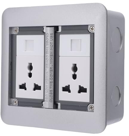 Recessed Flat Hidden Socket, 4000W 16A Floor Electrical Outlet Covcer Box with 2 3 Prong Outlets and 2 RJ45 Datacom Receptacle Double Door Receptacle Outlet for Desktop