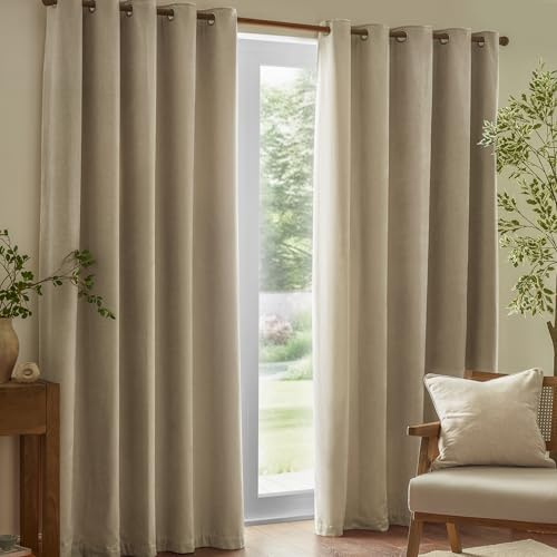 Yard Heavy Chenille Eyelet Curtain Pair (Linen, 168 x 183 cm) | Lined Room Darkening Soft Velvet Curtains