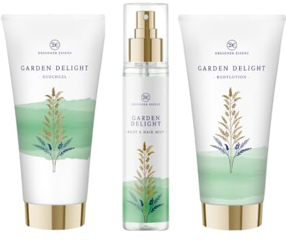 Dresdner Essenz Private Collection Garden Delight – 3-teiliges Pflegeset | Exklusives Pflege-Set mit Duschgel 200ml, Bodylotion 200ml & Body Mist 150ml im grünen Duftgarten-Stil