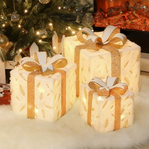 Luxspire Weihnachten Beleuchtet Geschenk Boxen, 3 PCS Outdoor Indoor Weihnachtsdekorationen mit Fernbedienung, USB-Plug Dekoration, Xmas Deko für Haus Veranda Rasen, Weiß & Gold Feder