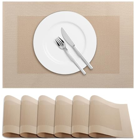 Terafeels 6 Pack Place Mats for Table – Durable and Easy to Clean Placemats for Dining, Kitchen, or Home Decor – Non-Slip, Heat-resistant, Stylish Table Mats (Beige)
