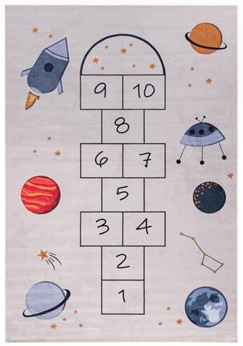 Mazovia Spielteppich Kinderzimmer 140x200cm Creme Hüpfspiel Pflegeleicht | Kinderteppich für Schlafzimmer Spielzimmer Mädchen/Jungen Beige Maschinenwaschbar Rutschfest Allergikerfreundlich Kurzflor