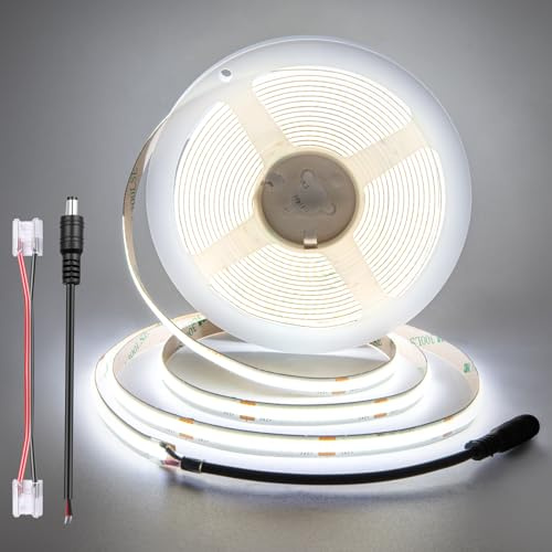 ACELUMO COB LED Streifen 5m Kaltweiß, 6000K, 24V, 8mm Breit, Ohne Netzteil | LED Strip Dimmbar für Küche Unterschrank, Schlazimmer, Innen, Indirekten Beleuchtung, 9w/m, 90lm/w, CRI 92, 312 LEDs/m