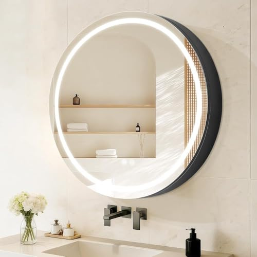 Janboe Rund Spiegelschrank Bad mit Beleuchtung, Spiegelschrank Rund,dimmbar, beschlagfrei, 3000 K-6500 K Farbtemperatur,Entfroster,81cm