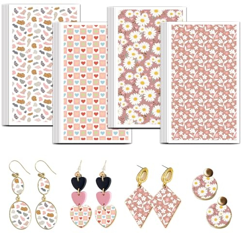 OLYCRAFT Daisies Clay Transfer Paper 4 Design 24 Pcs Bohemian Pattern Clay Transfers Paper for Polymer Clays Earring Pink Flowers Transfer Sheets Small Ceramic Decal for Earring Jewelry Making