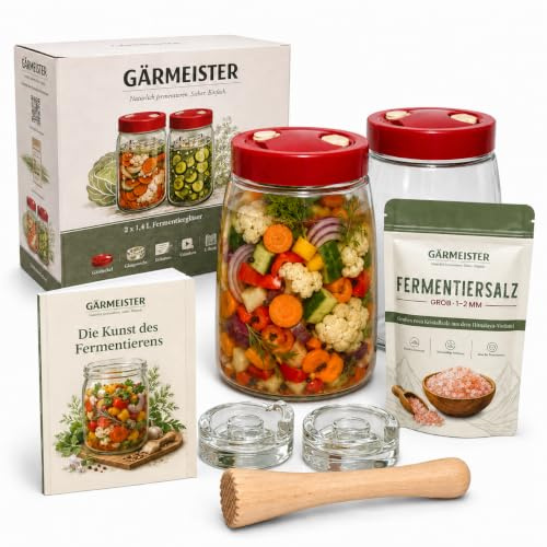 GREEN WISE GÄRMEISTER Premium Fermentierglas Set 2er je 1,4 L mit Gärdeckel, Glasgewichten, Holzstößel, 100 g Fermentiersalz & Buch – Fermentiergläser für Sauerkraut, Kimchi & Gemüse