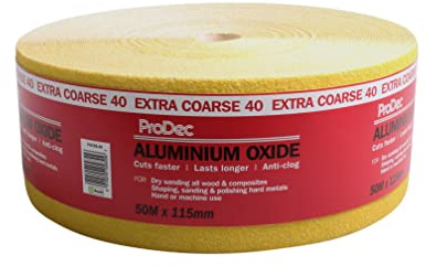 ProDec 50m Roll 40 Grit Extra Coarse Grade Aluminium Oxide Sanding Paper | for Sanding Wood, Paint, Plaster, Filler, Metal and More, 115mm Wide Sandpaper Compatible with Machine Sanders