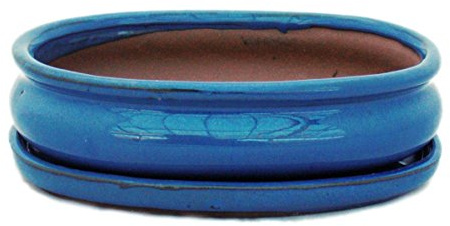 exotenherz Bonsai-Schale mit Unterteller Gr. 3 - Blau - oval - Modell O47 - L 19cm - B 13,5cm - H 5cm