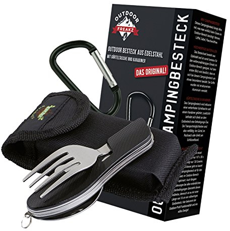 OUTDOOR FREAKZ Couverts de camping en acier inoxydable avec sac pliable en néoprène (noir +)