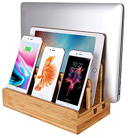 MOZOWO Bamboo Wood Multi Device Desktop Charging Dock Station Electronics Charger Stand Cradle Holder & Cable Organizer for iPhone 11 Pro Max iPad Samsung Smartphones, Mobile Phone, Tablets, Laptop