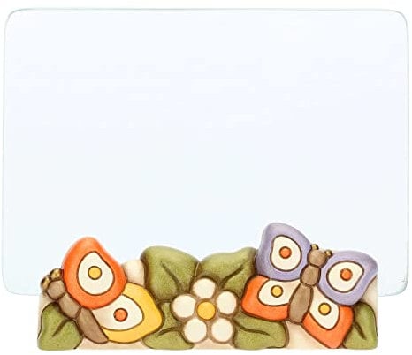 THUN, Portafoto in Ceramica Decorata a Mano con Farfalle e Portafoto in Vetro, Linea Fiori e Fantasia, 14x7x5.3 cm h