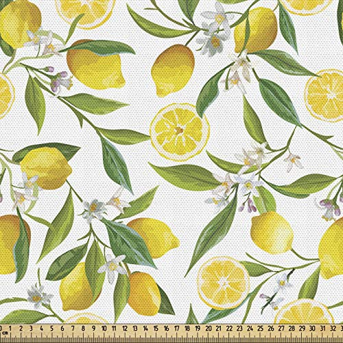 ABAKUHAUS Küche Gewebe als Meterware, Exotischer köstlicher Garten, Dicht Gewebter Stoff zum Nähen Polster Wohnaccessoires, 3M (148x300cm),Farngrün Gelb Weiß