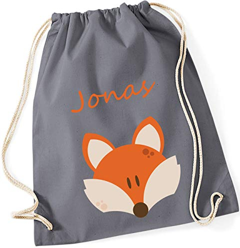 minimutz Turnbeutel mit Namen personalisiert & Bedruckt | Motiv Fuchs | Stoffbeutel Schuhbeutel Sportbeutel für Kinder Jungen & Mädchen | inkl. NAMENSDRUCK | blau orange Navy (grau)