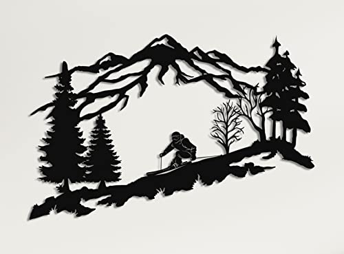DEKADRON Wandkunst Skiläufer, Metall, Wandkunst, Berge und Bäume, Wanddekoration, Geschenk für Skiliebhaber (45 x 29 cm)