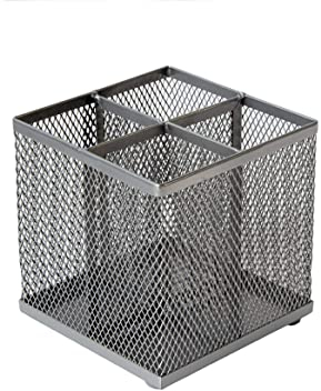 OSCO Silver Wiremesh Square Pen Pot | 4 Sections | Pencil Holder | Desk Tidy | Office Organiser | Makeup Storage | Cosmetics Display | H10.5 x W10 x D10 cm |