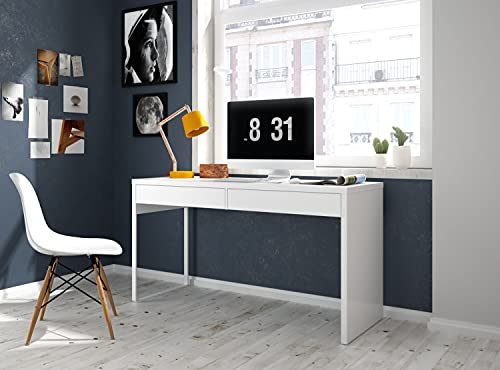 Dmora Scrivania Houston, Scrittoio Multifunzione Reversibile da Ufficio, Tavolo da Studio Porta PC con 2 cassetti, 138x50h75 cm, Bianco