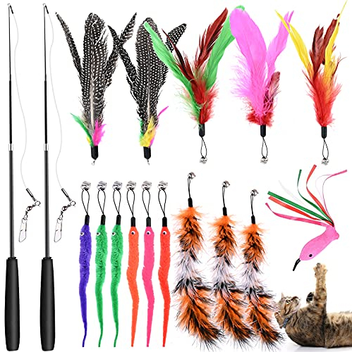 GOLDGE 17PCS Jouet à Plumes pour Chats, Baguette Rétractable Interactif Amusant Jeu, Jouet avec Plumes Rechange pour l'intérieur Chats et Chatons