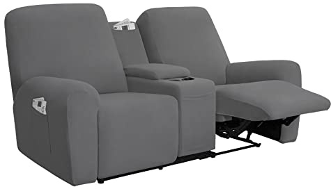 Easy-Going Stretch Recliner Loveseat Cover with Center Console Sofa Slipcover Soft Fitted Fleece 2 Seats Couch with Holder and Storage Washable Furniture Protector Gray