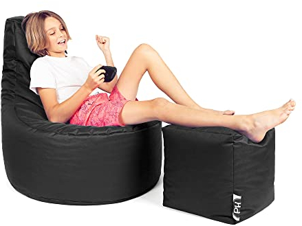 PATCH HOME Patchhome Gamer Kissen Lounge Kissen Sitzsack Sessel Sitzkissen Bean Bag + Würfel/Hocker mit Reißverschluss bereits befüllt (Black, XXL - Ø80cm Sessel + 35x35cm Würfel)