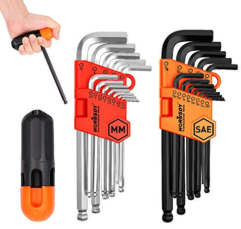Brimix 27 pc Juego de llaves allen con mango adaptador. Extremos hexagonales y cabeza de bola para instalar y desmontar tornillos de automoviles, muebles, equipos, bicicleta
