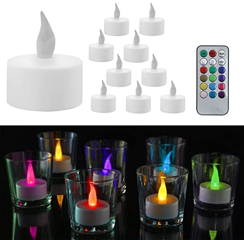 Cepewa LED Teelicht 10er Set | Ø 3,5 cm weiß Fernbedienung inkl. Batterien | Timerfunktion flammenlos (1 x 10er Set Teelichter bunt)