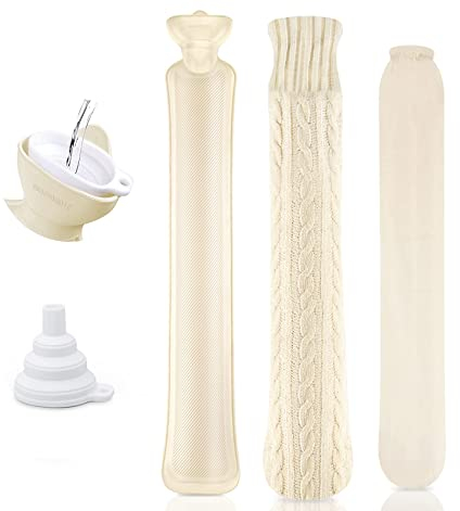 Homewit Schlauchwärmflasche, Lange Wärmflasche mit Super Weich Chenillegarn Bezug 2 Liter - Nackenwärmflasche mit Einem Wassertrichter, Zusätzlich ein Baumwollbezug für Lange Erwärmung - Champagner…