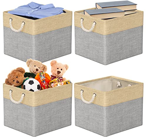 RIWNNI 4 Stück Stoff Aufbewahrungsbox Faltbare Aufbewahrungskiste,Canvas Stoffkorb Aufbewahrungskorb 33 * 38 * 33CM für Kallax-Regale, Faltbox Stabil und Abwaschbar-Beige/Grau