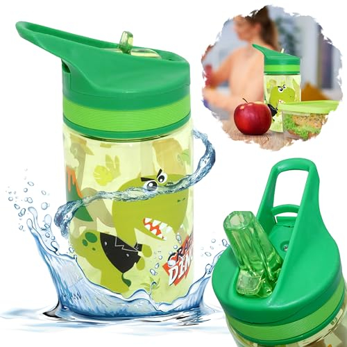 Crazy Dino Botella de agua con pajita, botella de agua deportiva de 400 ml, botella de bebida Tritan sin BPA, botella de agua de gimnasio de 12,5 cm, botella de agua deportiva para todas las ocasiones