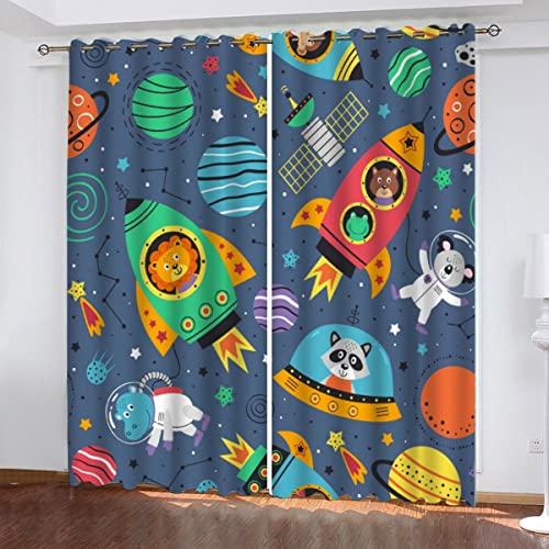 Rakete Weltraum Tiere Vorhang Blickdicht B 110 X H 95 cm Zeichentrickfilm Für Kinder Gardinen mit ösen Polyester Schallschutz Vorhänge 2er Set für Kinderzimmer Wohnzimmer Schlafzimmer Modern Home
