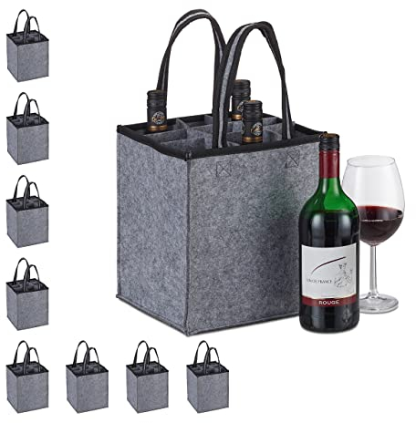 Relaxdays 6X Sacs à Bouteilles, 9 Boissons, Porte-Boissons, pour vin, bière, consignes, collecteur, 45x24x24 cm, Anthracite