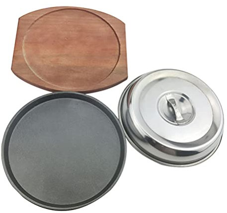 Operitacx 1 Set Western Food Cover Korean Barbecue Dish Sizzling Steak Plate Korean BBQ Grill Pan Metal Steak Plates Pan with Lid Japanese Steak Plate Stove Grill Delicatessen Wood Round