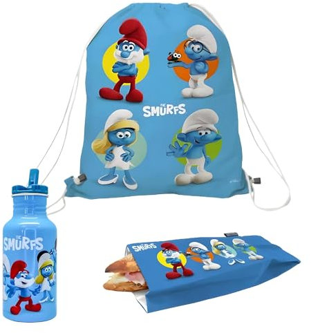 Nerthus FIH 1079 Set Rucksack + Snacktasche + Flasche Aluminium Schlümpfe
