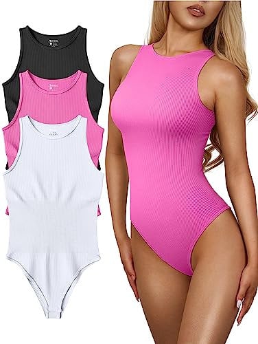 OQQ 3-teiliger Damen Body Sexy Gerippt Einteilig ärmellos Neckholder Bodysuits Schwarz Rosa Weiß