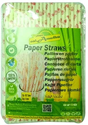 Nalamudhu Paper Straw Durable and Eco-Friendly White Drinking Disposable Paper Straw Pack of 100 (Multi-Colors, 8MM)