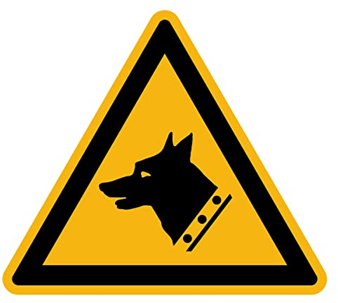 Aufkleber Gefahr Warnung NF ISO 7010 - Selbstklebende Plastifizierte Dreiecksplatte Wasser- und UV-beständig - Hund Beobachten - 15x15 cm