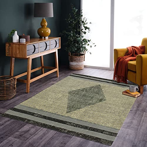 CASAVANI Handblock-bedruckter Boho-Teppich, handgefertigt, geometrisch, grau und schwarz, Quastenteppich, Baumwolle, leicht waschbar, Bodenteppich für Fußmatte, Eingang, Wohnzimmer, Schlafzimmer,
