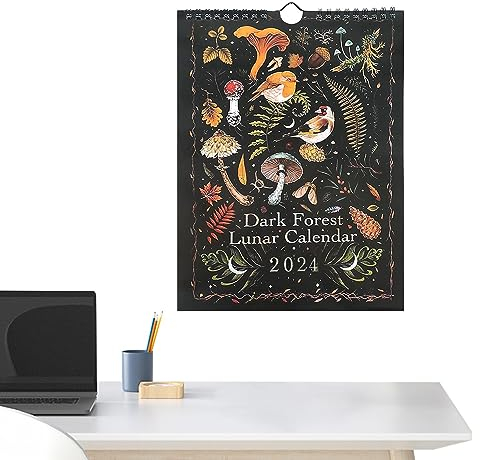 Mondwandkalender Dark - 2024 Wasserdichter Dunkler Wald Kalender - Dunkler Wald Mondkalender für Weihnachten und Neujahrsgeschenke Geteawily