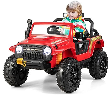 Maxmass 12V Kids Ride on Truck, Battery Powered Electric Vehicle with Parental Remote Control, Music, Lights and Suspension Wheels, Children Off-road Car for 3+ Years Old, Max Weight 100kg (Red)