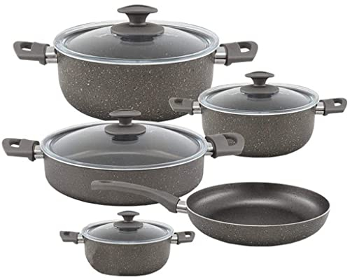 BONOOL 9 pièces Batterie de Cuisine en Granit Noir Ensemble de Batterie de Cuisine casseroles en Granit Ensemble de casseroles Gris foncé Ensemble de Batterie de Cuisine Noire