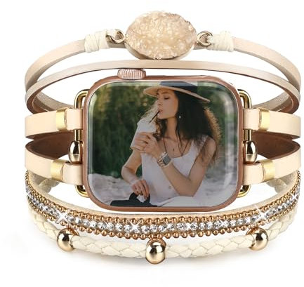 CHARMINGO Pulsera bohemia con cuentas compatible con Apple Watch Band para mujer de 38 mm, 40 mm, 41 mm, Series 10, 9, 8, 7, 6, SE Ultra 2, correa de cuero hecha a mano multicapa para Apple Watch