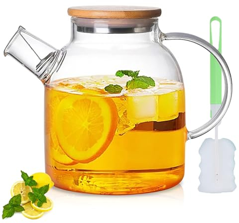 1,5L Teekanne Glas mit Holzdeckel,Teekanne mit Siebeinsatz,Hitzebeständige Hochborosilikat-Teekanne mit Herausnehmbarem Filter,Elegantes und Modernes Teekannendesign für Tee, Blumentee und Saft